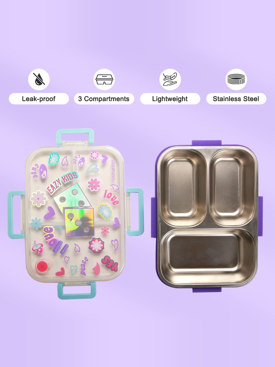 3-Compartment 800ml Stainless Steel Bento Lunch Box with Water Bottle - Floral Purple