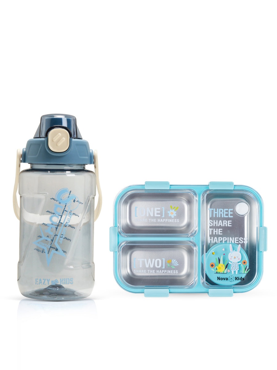 Kids Stainless Steel 3-Compartment Bento Lunch Box Water Bottle, Spoon and Fork Set - Blue
