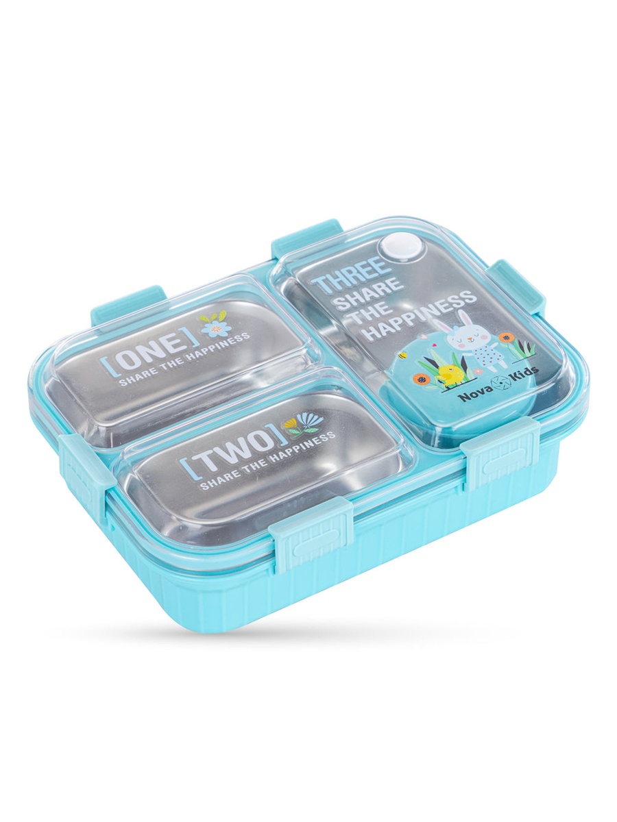 Kids Stainless Steel 3-Compartment Bento Lunch Box Water Bottle, Spoon and Fork Set - Blue