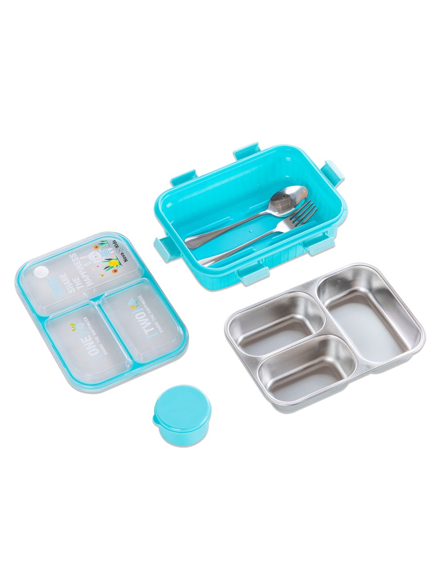 Kids Stainless Steel 3-Compartment Bento Lunch Box Water Bottle, Spoon and Fork Set - Blue