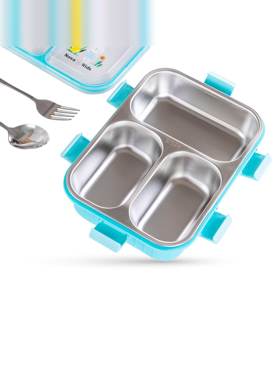 Kids Stainless Steel 3-Compartment Bento Lunch Box Water Bottle, Spoon and Fork Set - Blue