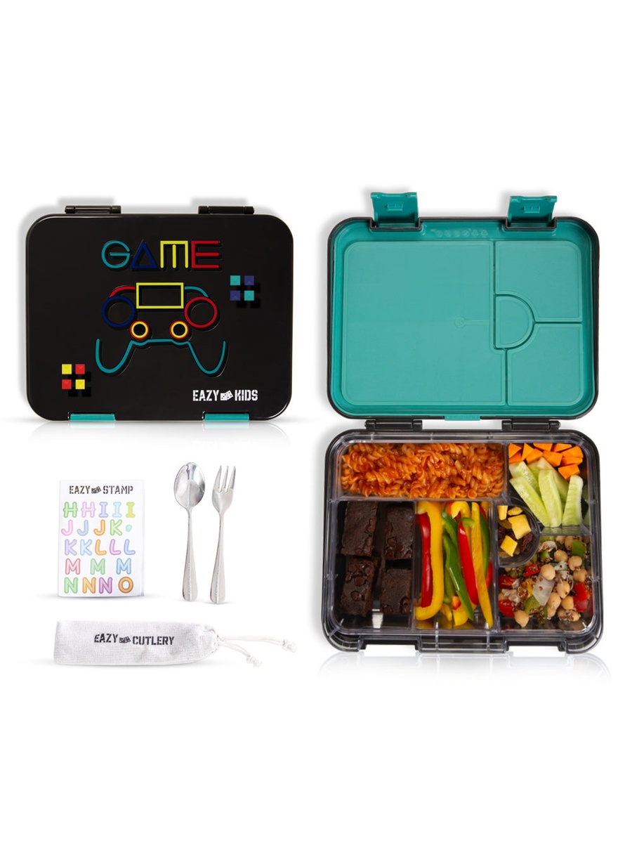 Set of 3 - Convertible Bento Lunch Box Steel Spoon and Fork Set and Alphabets Sticker - Gamer