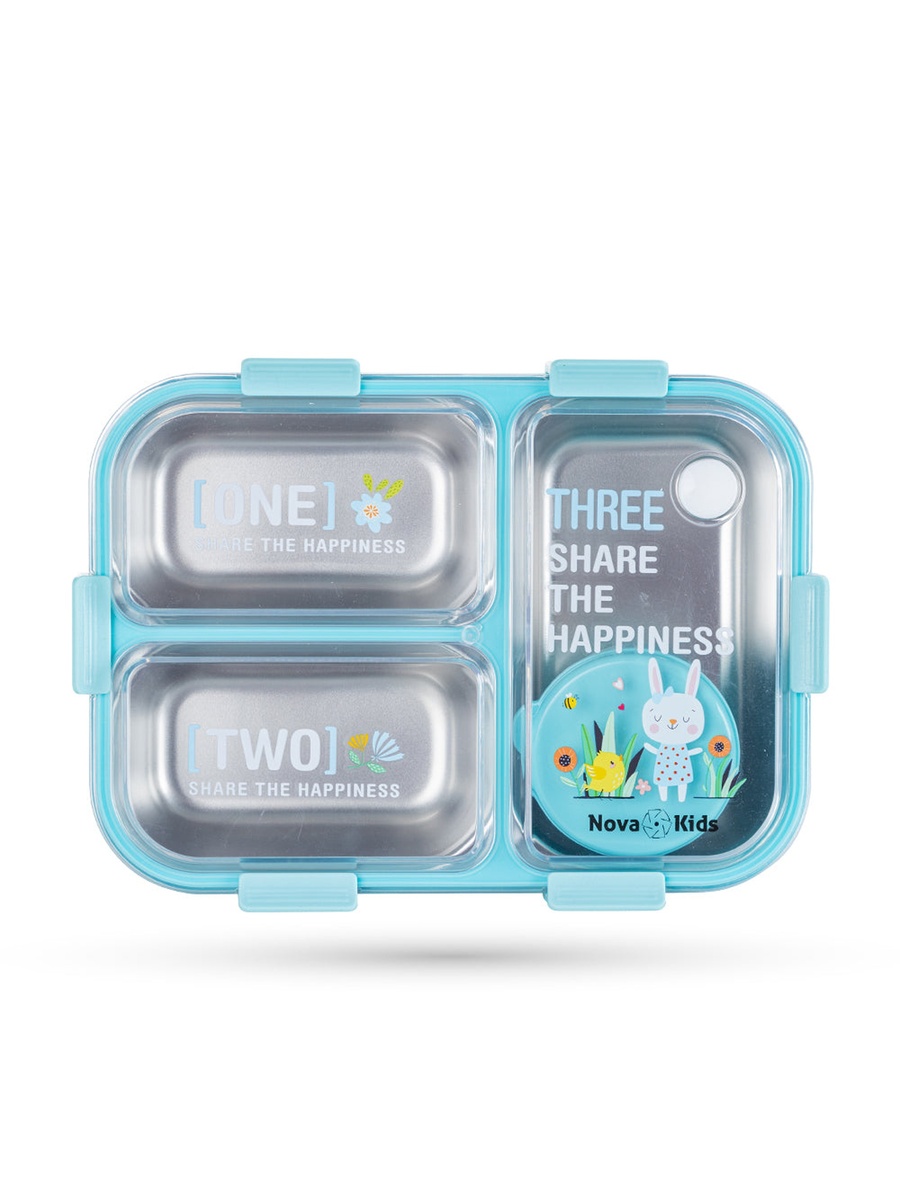 Kids Stainless Steel 3-Compartment Bento Lunch Box, Spoon and Fork Set - Blue