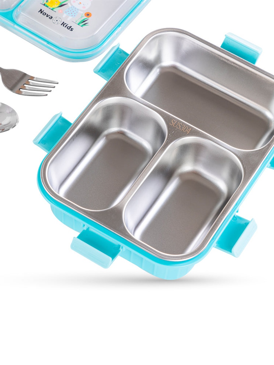 Kids Stainless Steel 3-Compartment Bento Lunch Box, Spoon and Fork Set - Blue