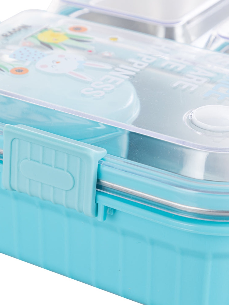 Kids Stainless Steel 3-Compartment Bento Lunch Box, Spoon and Fork Set - Blue