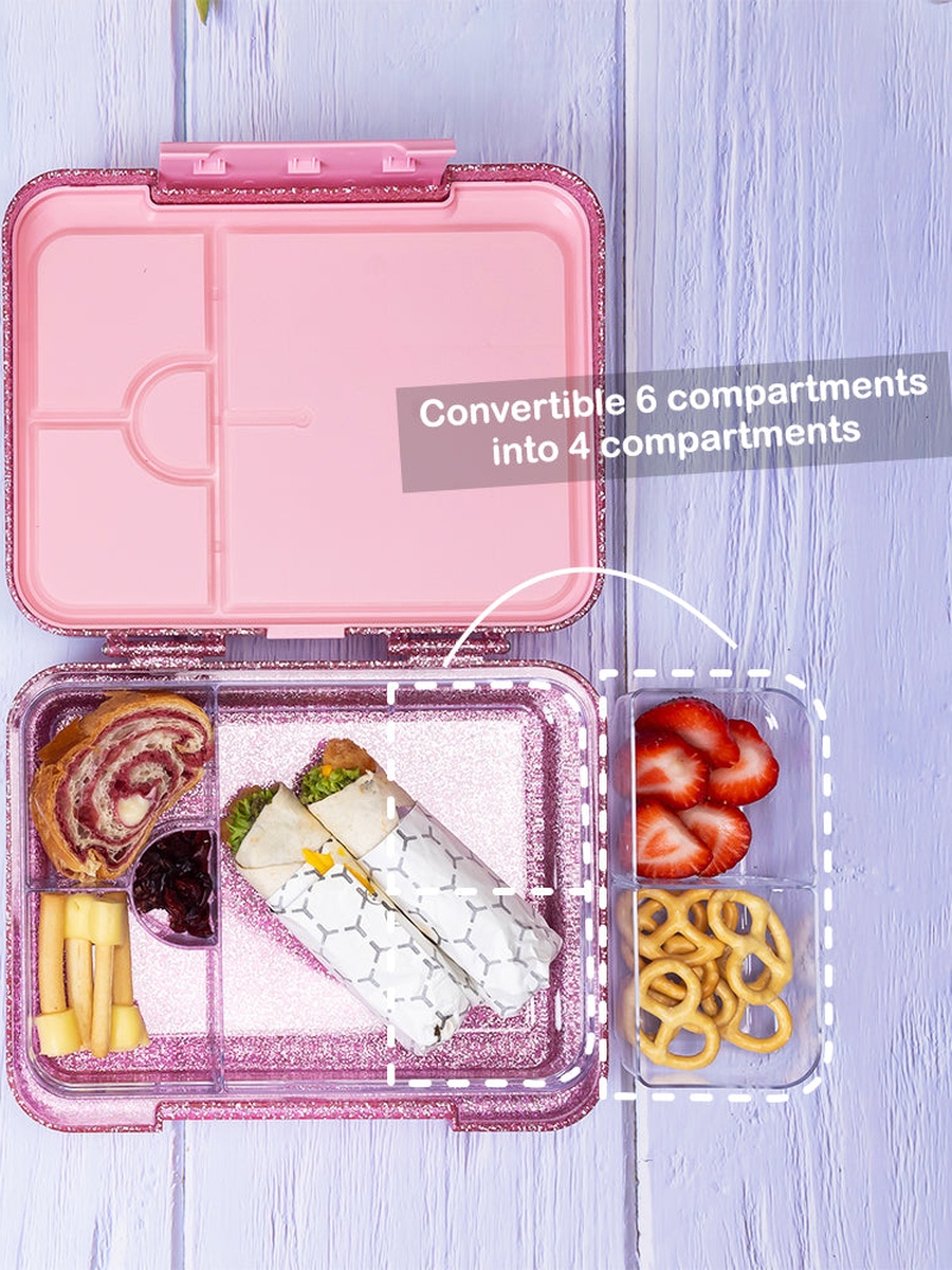 6 and 4 Convertible Bento Lunch Box - Glitter Pink