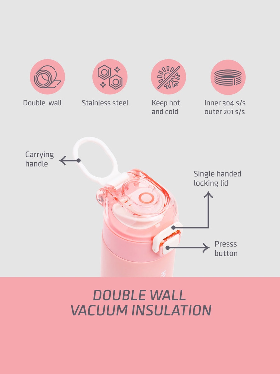 Insulated Travel Water Bottle - Pink, 550ml