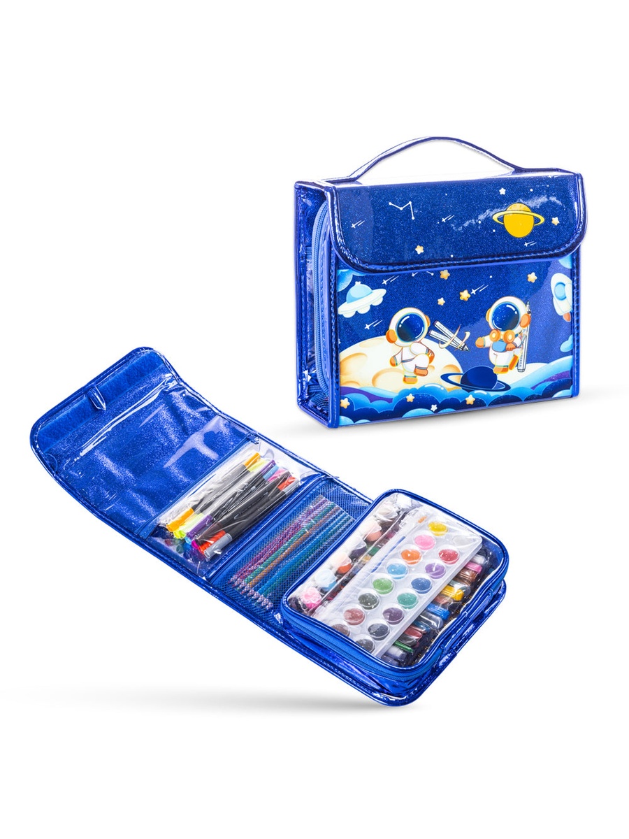 82-Piece Kit Art Supplies Set in Space-Themed (Carrying Case, Paints, Crayons, Markers) - Blue