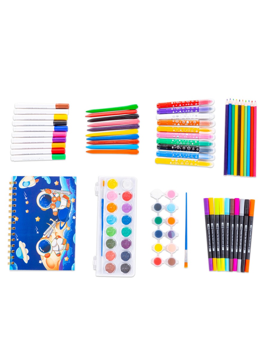 82-Piece Kit Art Supplies Set in Space-Themed (Carrying Case, Paints, Crayons, Markers) - Blue