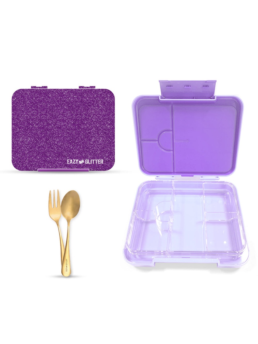 6 and 4 Convertible Bento Lunch Box, Lunch Bag and Spoon Fork Set - Glitter Purple