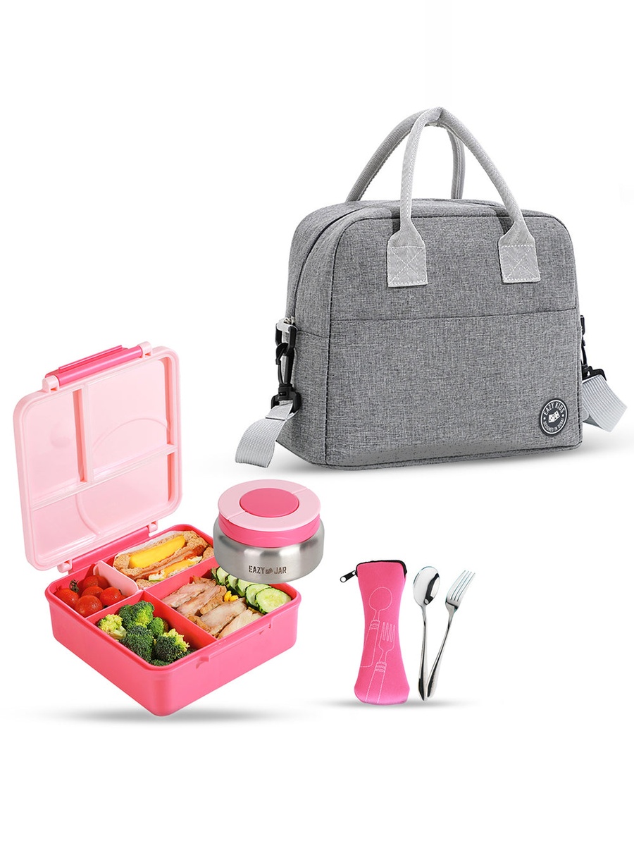 Jumbo Bento Lunch Box Grey Lunch Bag , Food Jar and Cutlery - Pink