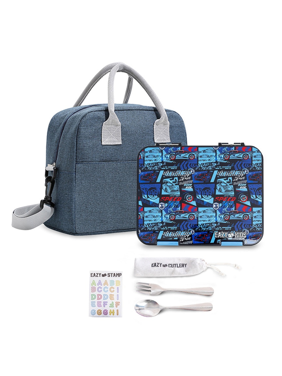 Set of 4 - Convertible Bento Lunch Box, Lunch Bag, Steel Spoon and Fork Set and Alphabets Sticker - Car Racing Blue