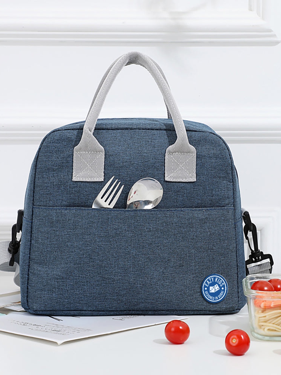 Set of 4 - Convertible Bento Lunch Box, Lunch Bag, Steel Spoon and Fork Set and Alphabets Sticker - Car Racing Blue
