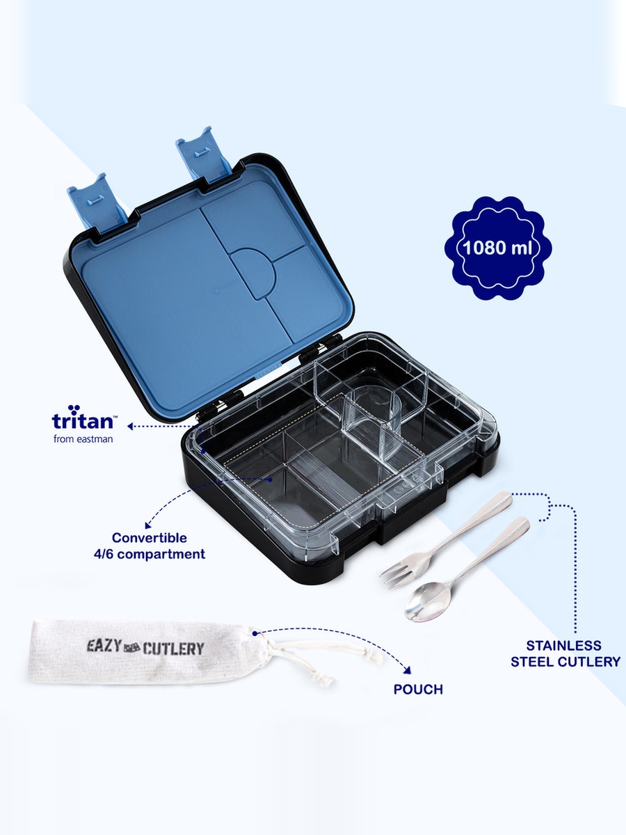 Set of 4 - Convertible Bento Lunch Box, Lunch Bag, Steel Spoon and Fork Set and Alphabets Sticker - Car Racing Blue