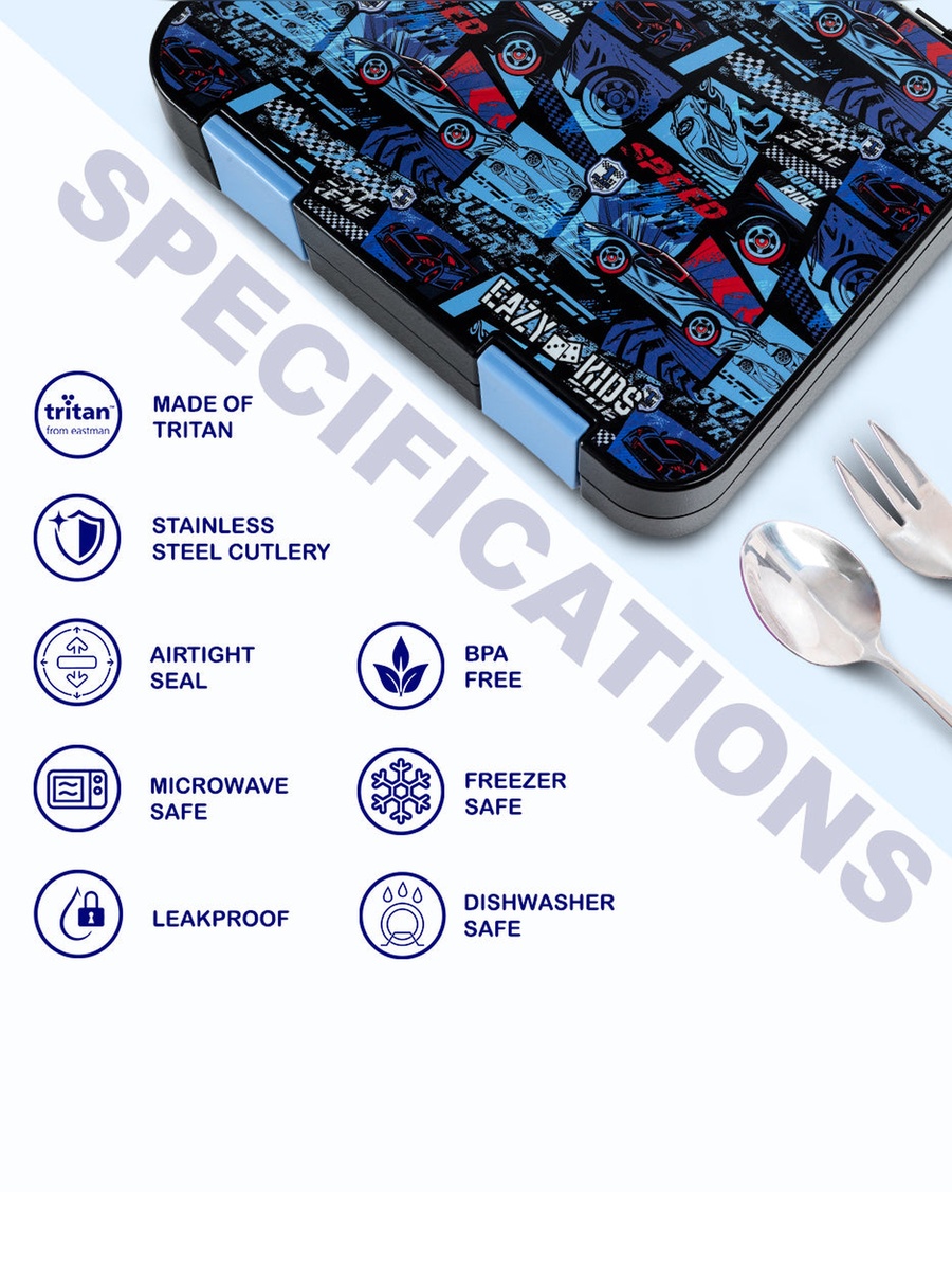 Set of 4 - Convertible Bento Lunch Box, Lunch Bag, Steel Spoon and Fork Set and Alphabets Sticker - Car Racing Blue