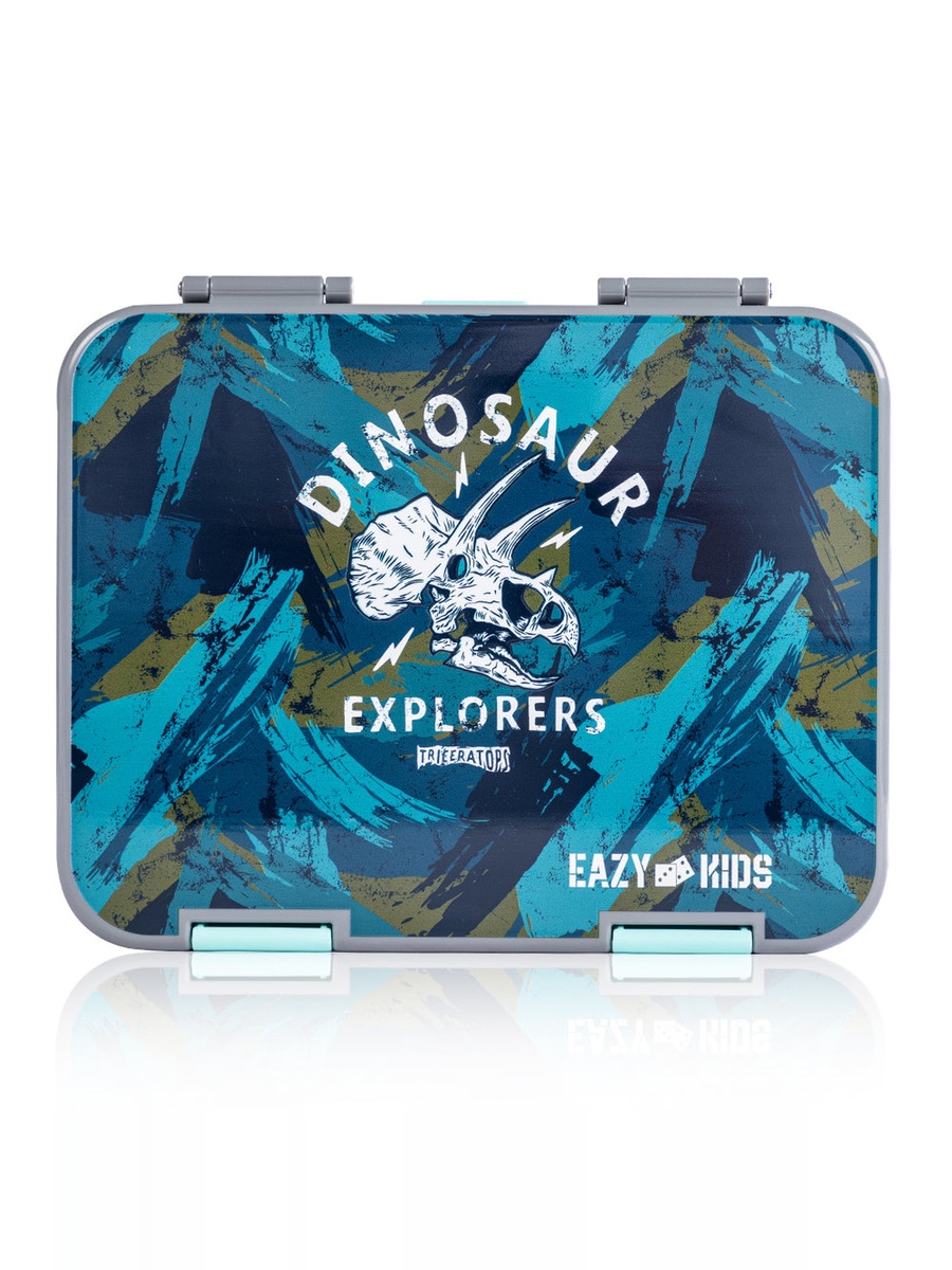 6 and 4 Convertible Bento Lunch Box, Lunch Bag, Steel Spoon and Fork Set and Alphabets Sticker - T-Rex Grey