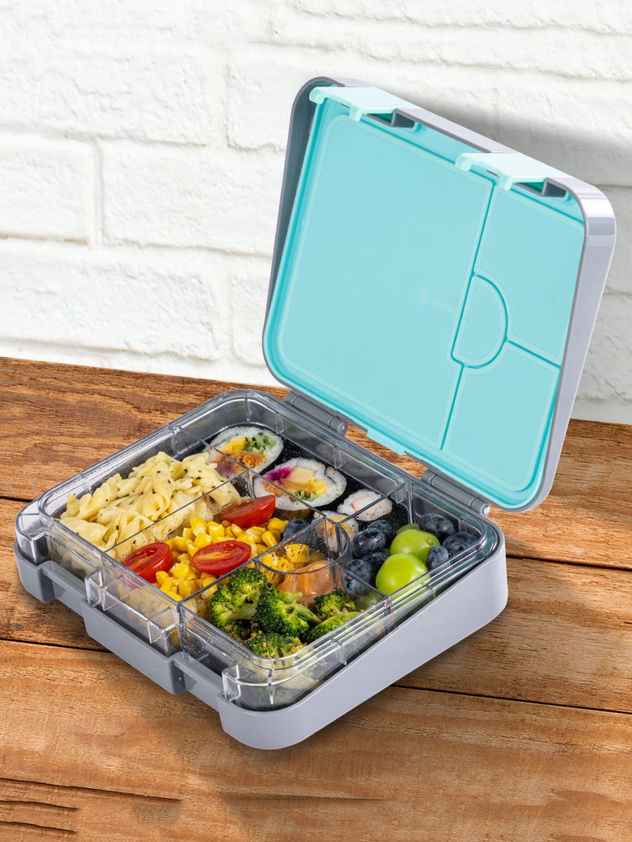 6 and 4 Convertible Bento Lunch Box, Lunch Bag, Steel Spoon and Fork Set and Alphabets Sticker - T-Rex Grey