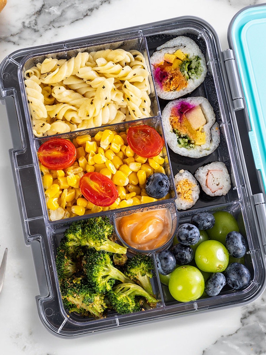 6 and 4 Convertible Bento Lunch Box, Lunch Bag, Steel Spoon and Fork Set and Alphabets Sticker - T-Rex Grey