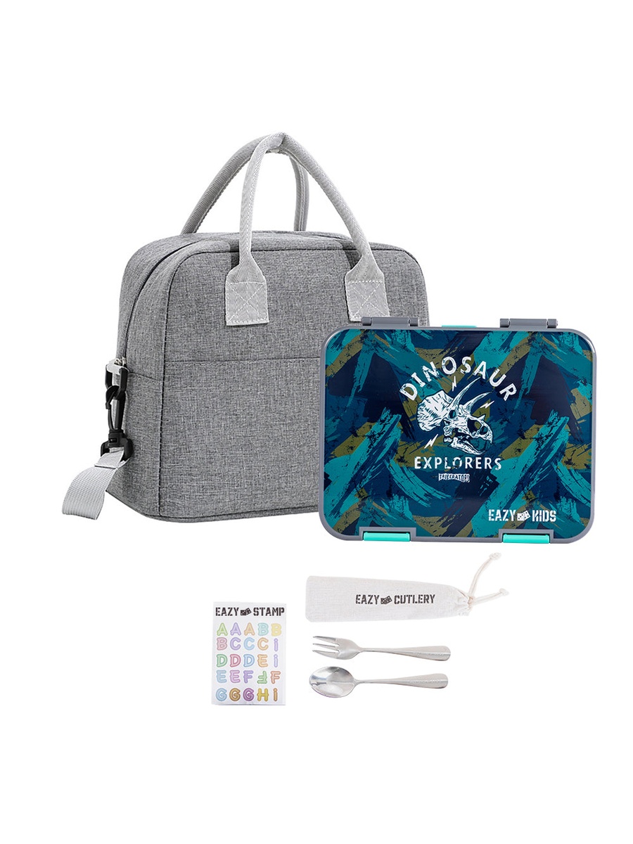 6 and 4 Convertible Bento Lunch Box, Lunch Bag, Steel Spoon and Fork Set and Alphabets Sticker - T-Rex Grey