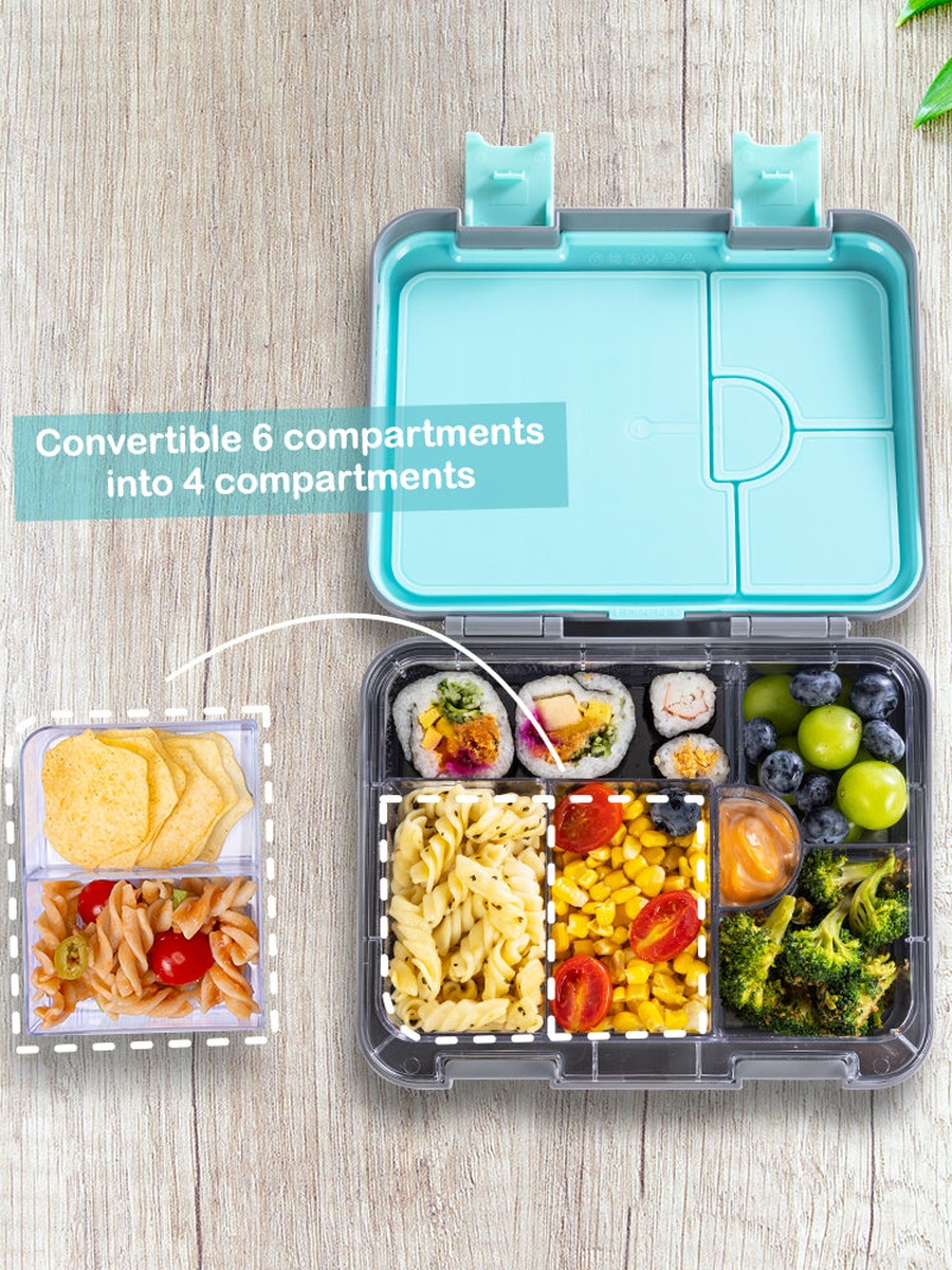 6 and 4 Convertible Bento Lunch Box, Lunch Bag, Steel Spoon and Fork Set and Alphabets Sticker - T-Rex Grey