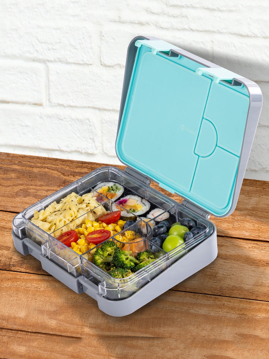 6 and 4 Convertible Bento Lunch Box, Lunch Bag, Steel Spoon and Fork Set and Alphabets Sticker - T-Rex Grey