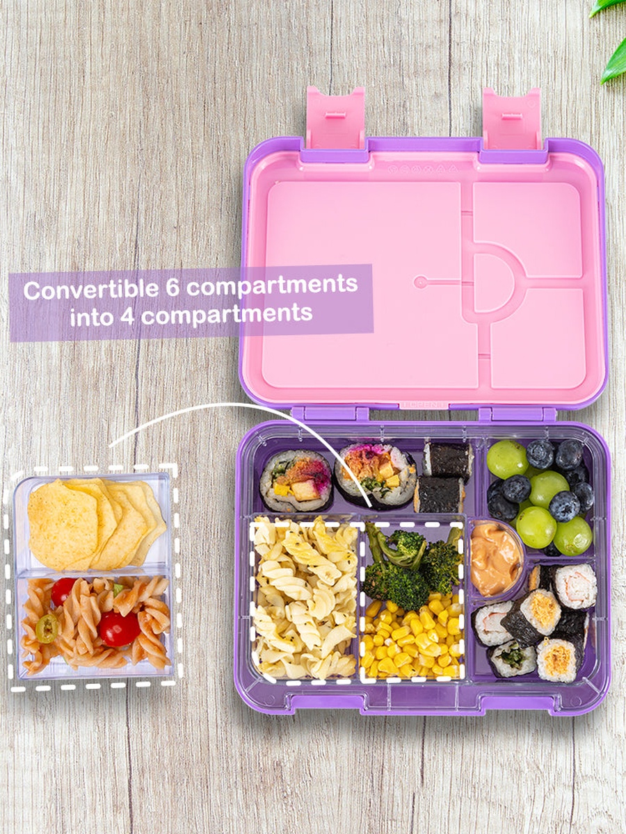 6 and 4 Convertible Bento Lunch Box, Lunch Bag, Steel Spoon and Fork Set and Alphabets Sticker - Butterfly Purple