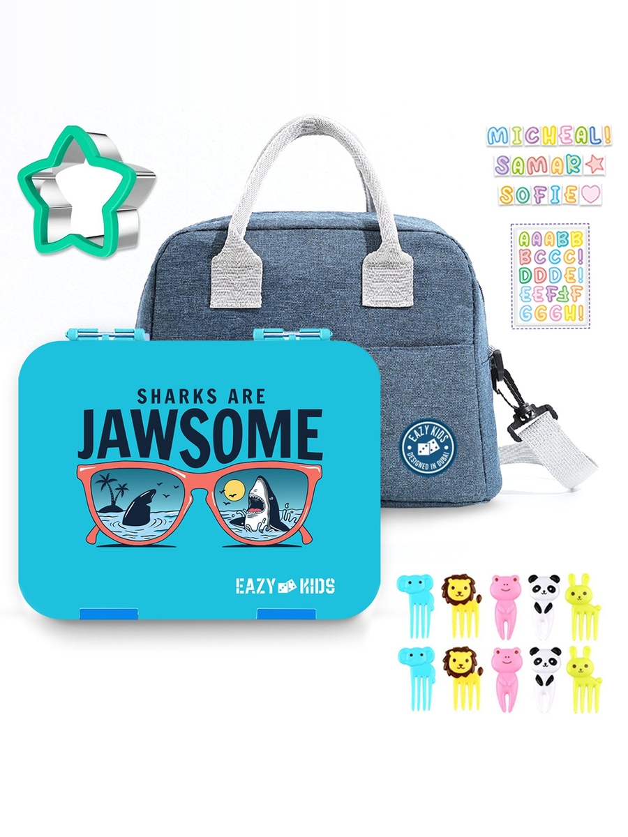 Jawsome 4 -Compartment Bento Lunch Box and Lunch Bag - Blue