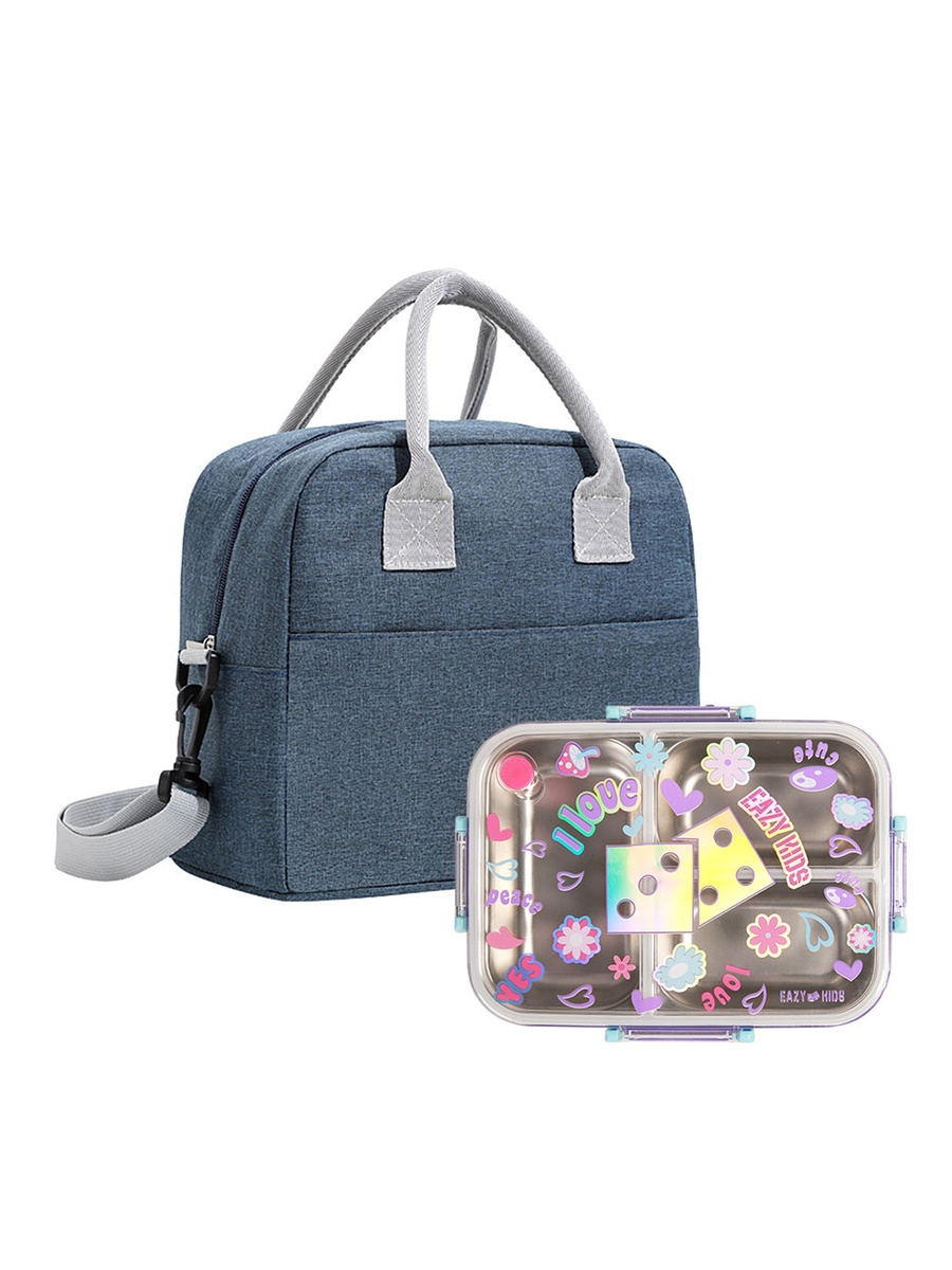 3-Compartment Stainless Steel Bento Lunch Box, 800ml Lunch Bag - Floral Purple
