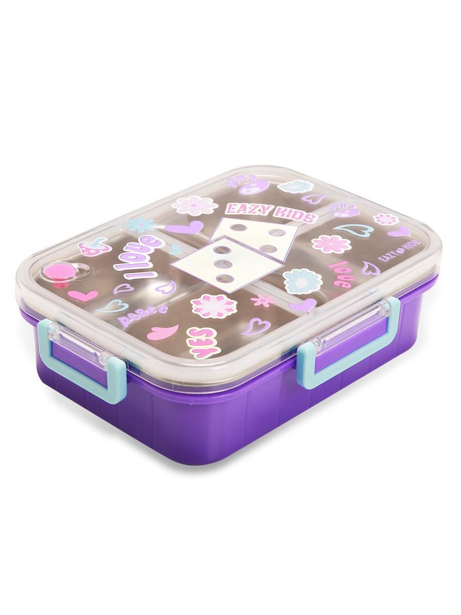 3-Compartment Stainless Steel Bento Lunch Box, 800ml Lunch Bag - Floral Purple