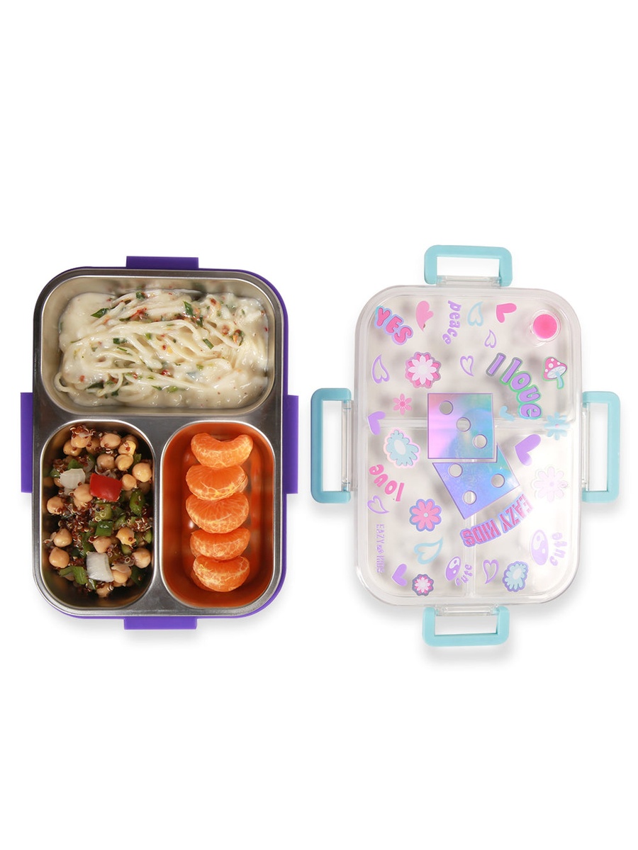3-Compartment Stainless Steel Bento Lunch Box, 800ml Lunch Bag - Floral Purple