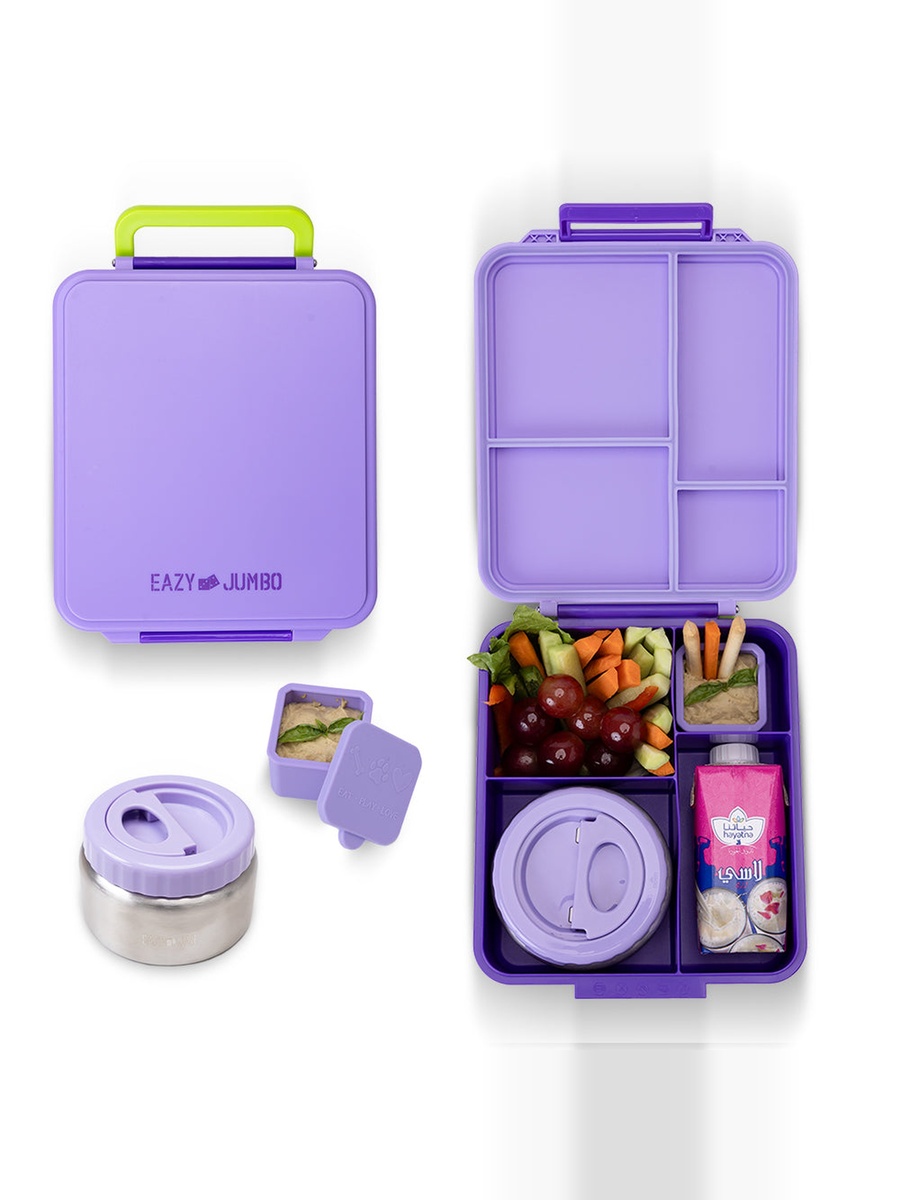 Jumbo Bento Lunch Box, Lunch Bag, Thermos and Dip Jar- Purple