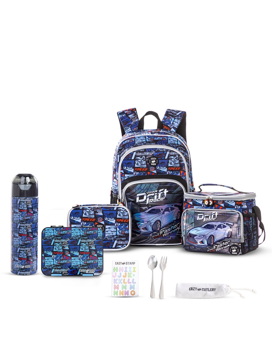 18-Inch Set of 5-Backpack, Water Bottle, Lunch Box, Lunch Bag and Pencil Case - Car Racing
