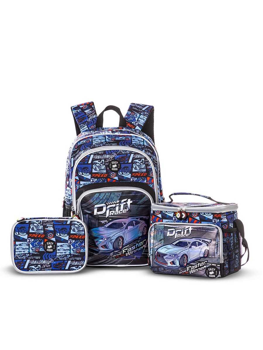 18-Inch Set of 5-Backpack, Water Bottle, Lunch Box, Lunch Bag and Pencil Case - Car Racing