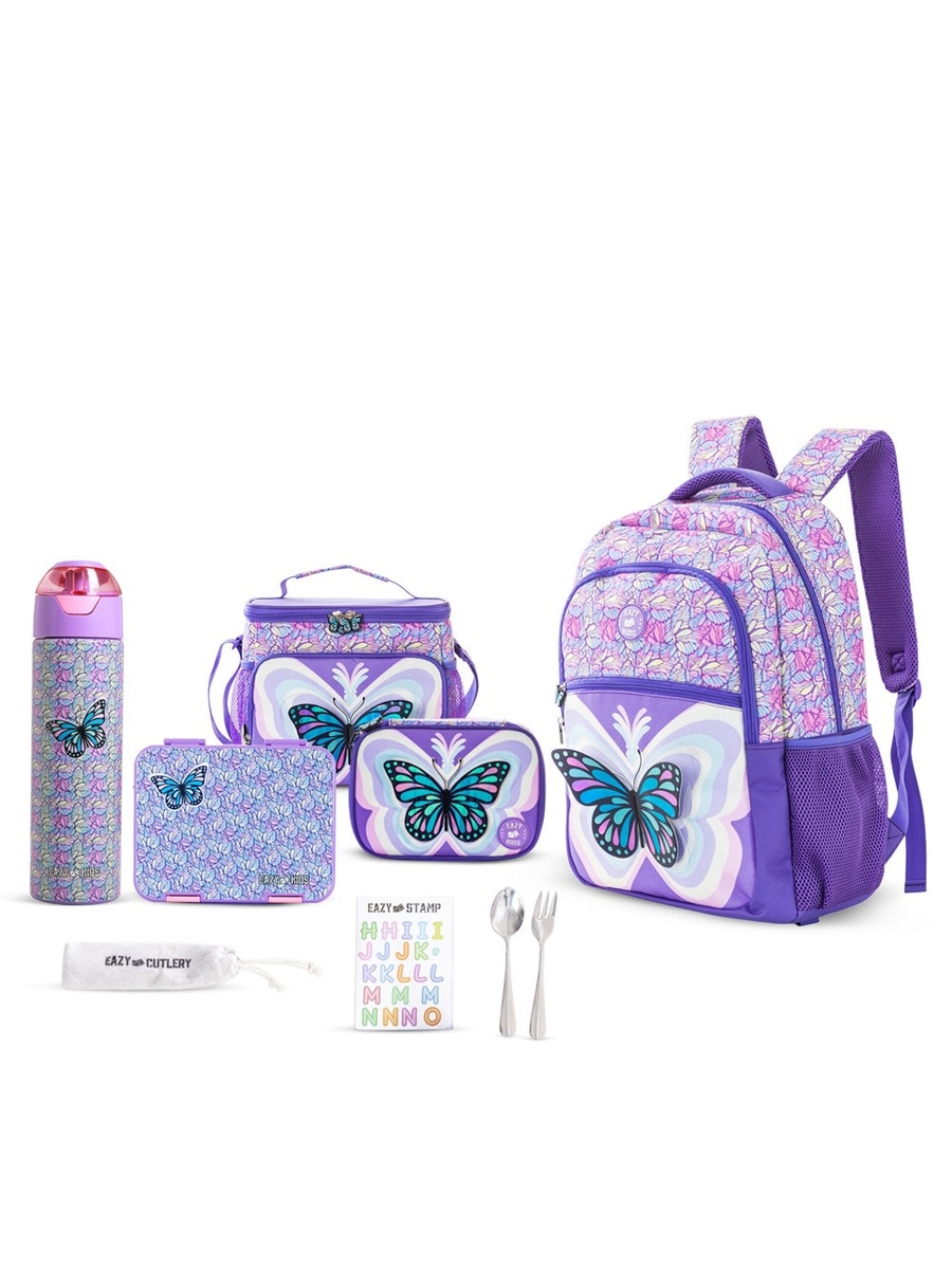18-Inch Set of 5 Backpack, Water Bottle, Lunch Box, Lunch Bag and Pencil Case - 3D Butterfly Purple