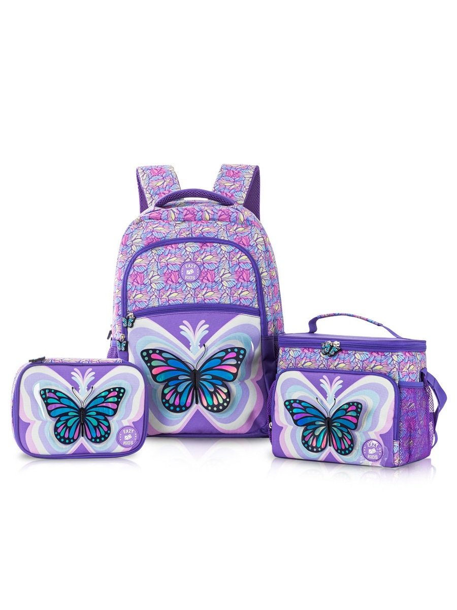 18-Inch Set of 5 Backpack, Water Bottle, Lunch Box, Lunch Bag and Pencil Case - 3D Butterfly Purple