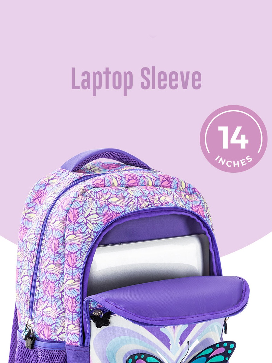 18-Inch Set of 5 Backpack, Water Bottle, Lunch Box, Lunch Bag and Pencil Case - 3D Butterfly Purple