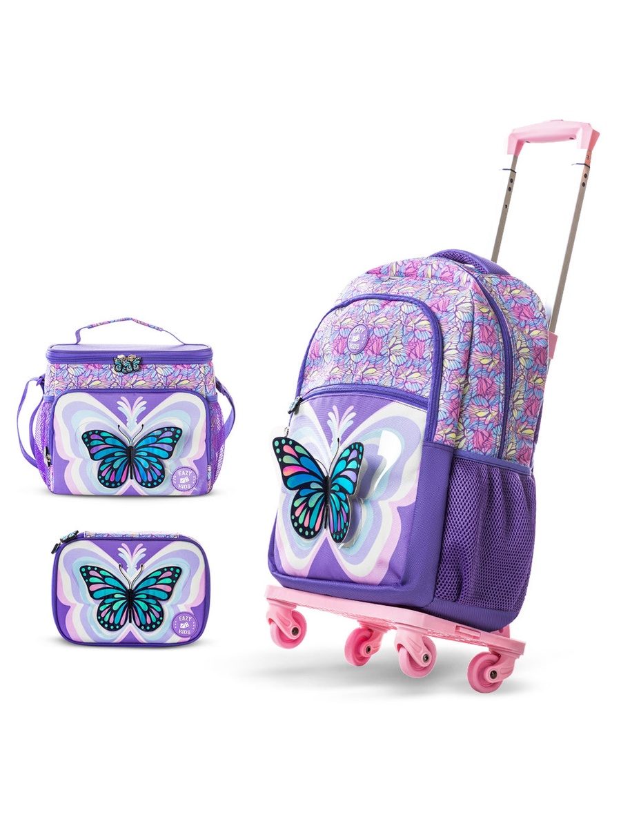 Set of 4- 18-Inch Backpack 4-Wheel Trolley, Lunch Bag and Pencil Case - 3D Butterfly Purple