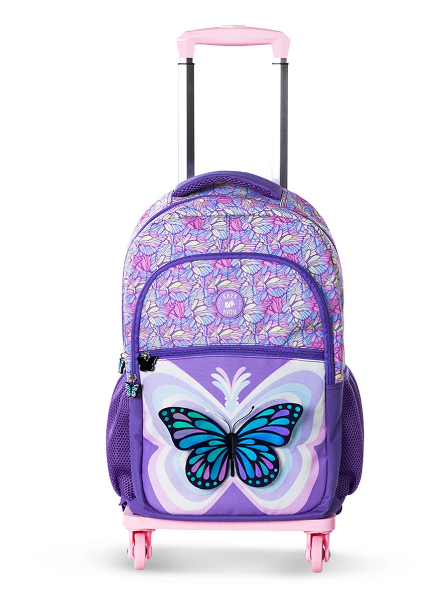 Set of 4- 18-Inch Backpack 4-Wheel Trolley, Lunch Bag and Pencil Case - 3D Butterfly Purple