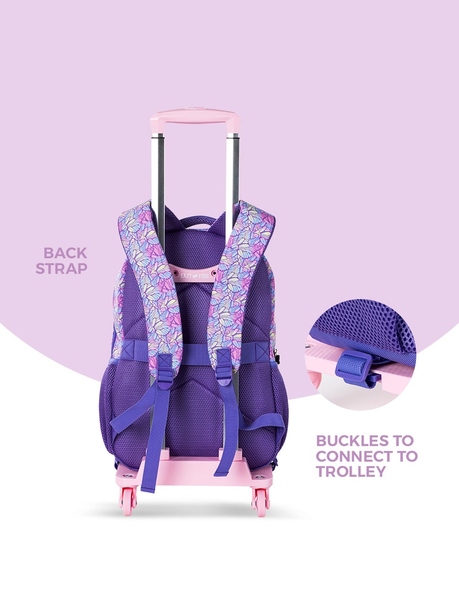 Set of 4- 18-Inch Backpack 4-Wheel Trolley, Lunch Bag and Pencil Case - 3D Butterfly Purple