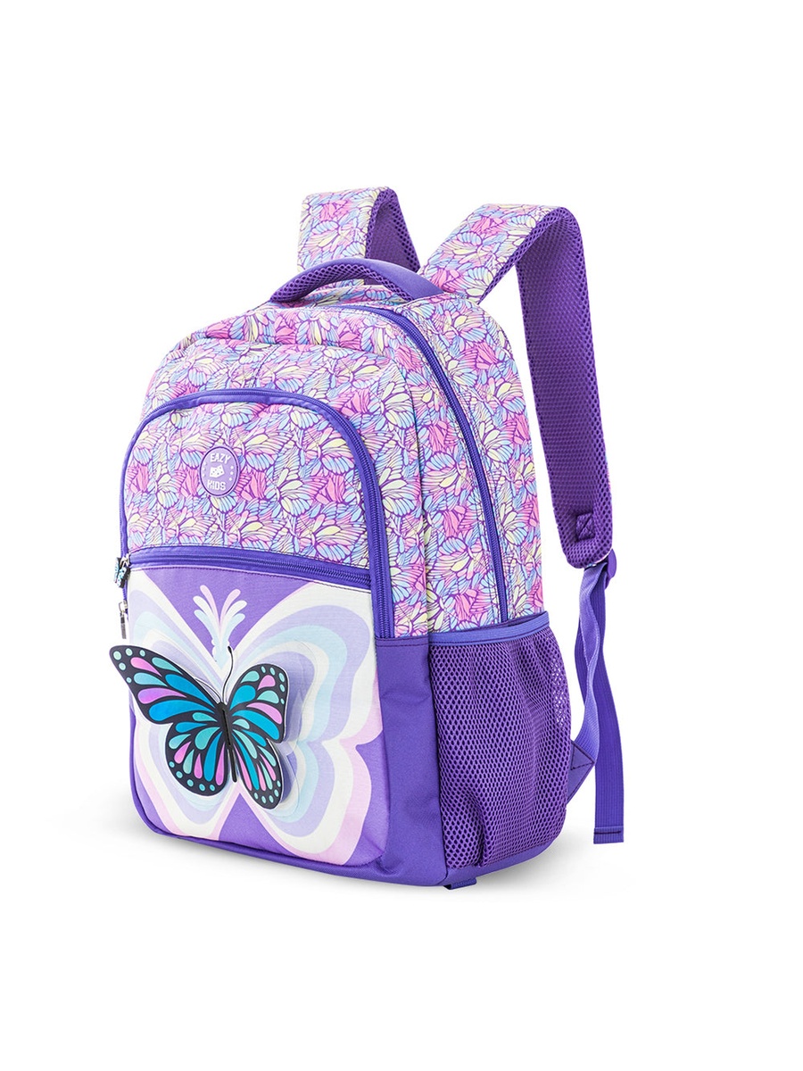 Set of 4- 18-Inch Backpack 4-Wheel Trolley, Lunch Bag and Pencil Case - 3D Butterfly Purple