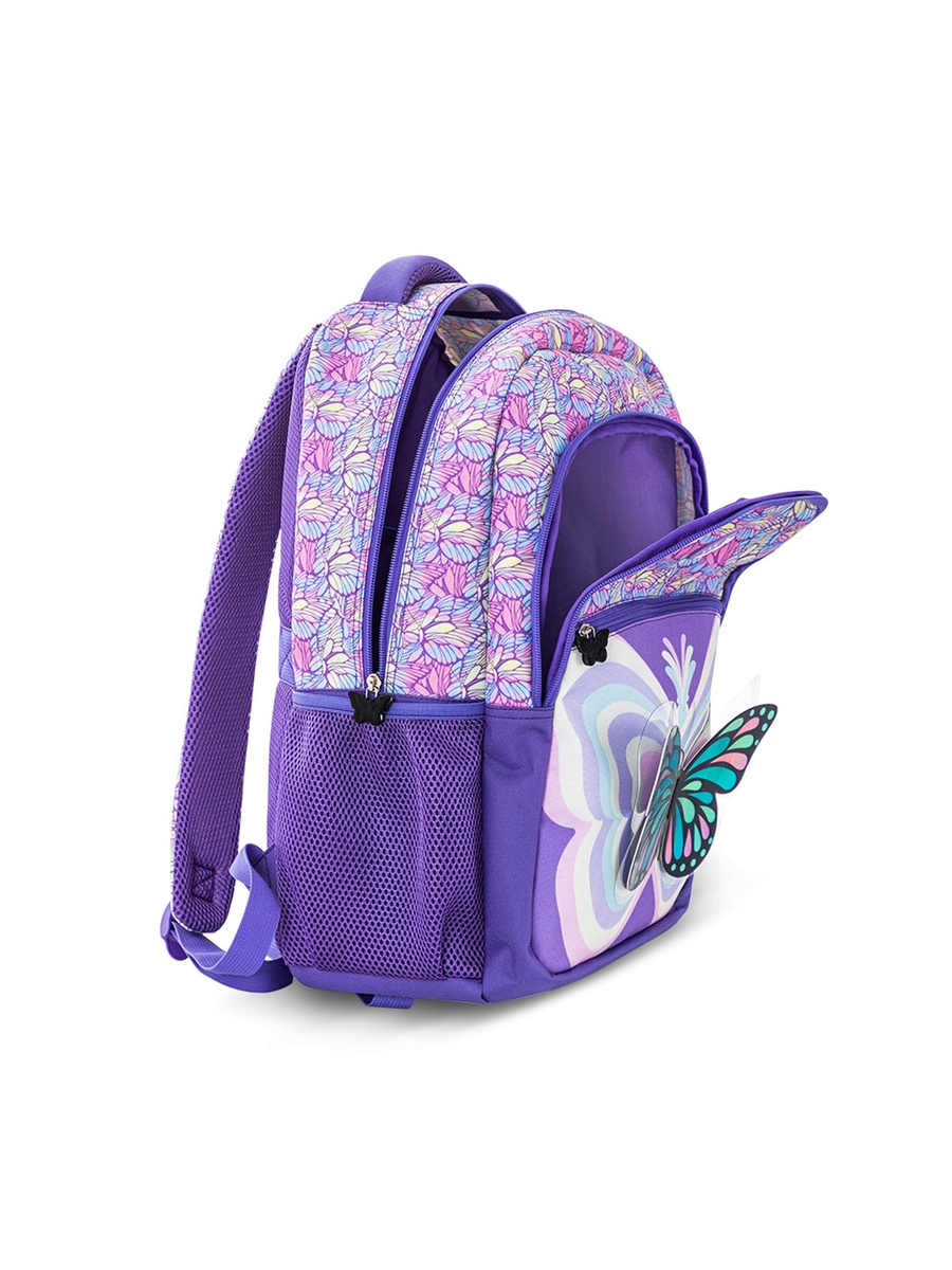 Set of 4- 18-Inch Backpack 4-Wheel Trolley, Lunch Bag and Pencil Case - 3D Butterfly Purple