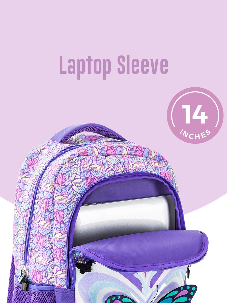 Set of 4- 18-Inch Backpack 4-Wheel Trolley, Lunch Bag and Pencil Case - 3D Butterfly Purple