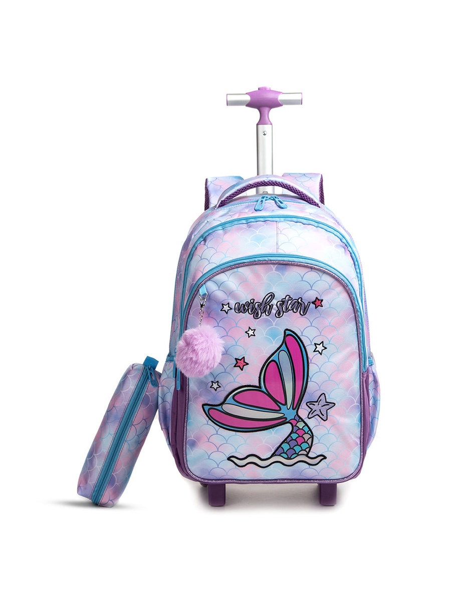 18Inch Set of 3- Trolley School Bag with Lunch Bag and Pencil Case Mermaid - Purple