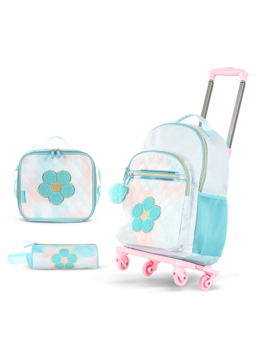 Set of 4-18-Inch Backpack 4-Wheel Trolley, Lunch Bag and Pencil Case - Flora Green