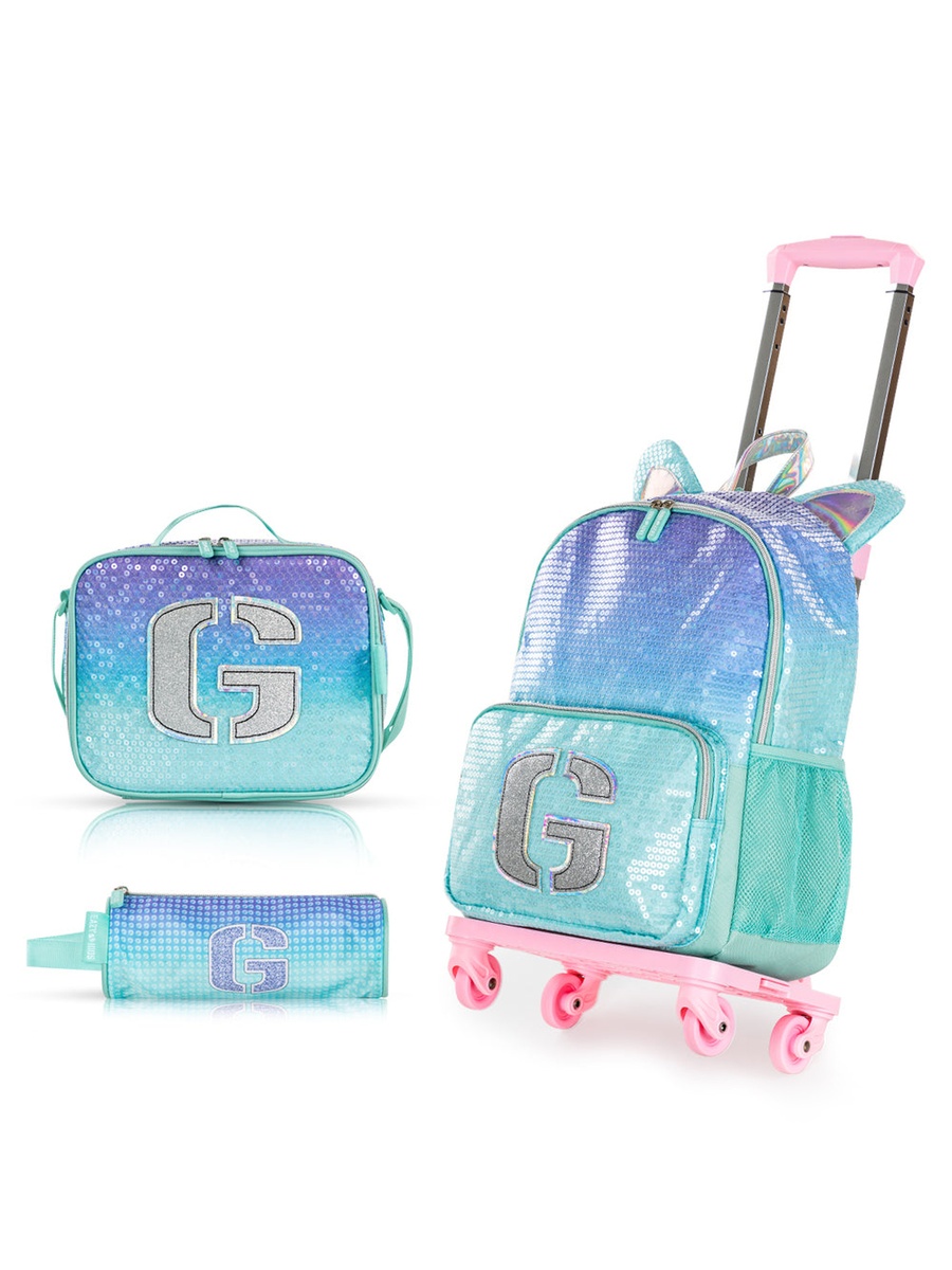 Set of 4 17-inch Backpack 4-Wheel Trolley, Lunch Bag and Pencil Case - Girl Glitter Green