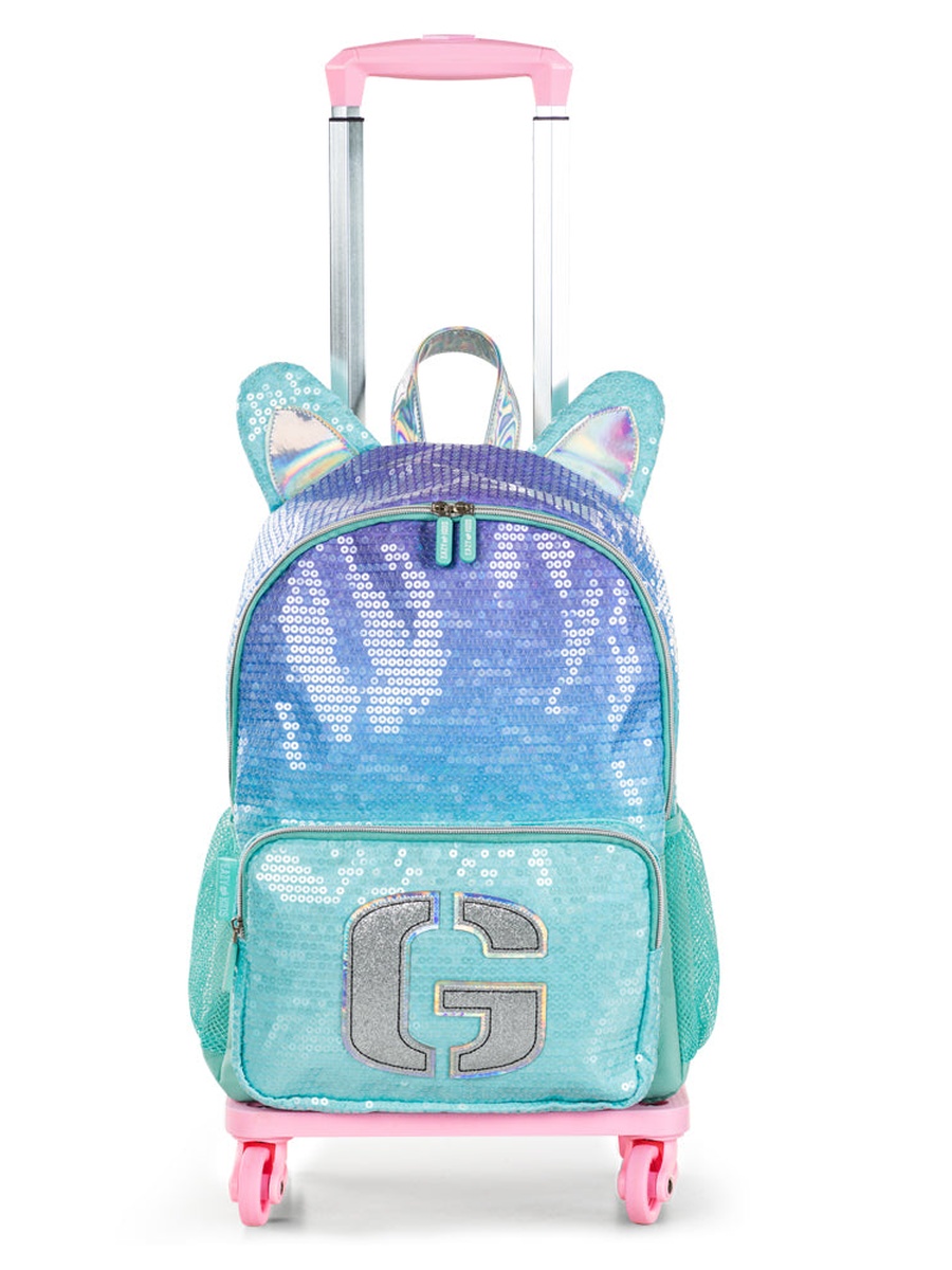 Set of 4 17-inch Backpack 4-Wheel Trolley, Lunch Bag and Pencil Case - Girl Glitter Green