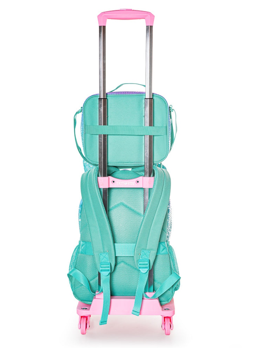 Set of 4 17-inch Backpack 4-Wheel Trolley, Lunch Bag and Pencil Case - Girl Glitter Green