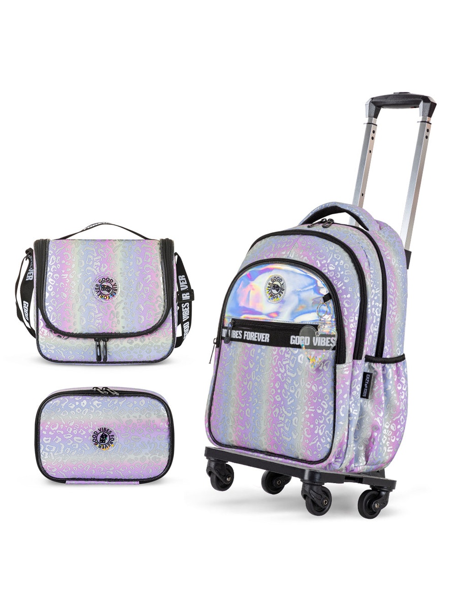 17-Inch School Bag Set of 3 - 4 Wheel Trolley, Lunch Bag and Pencil Case - Good Vibes - Silver