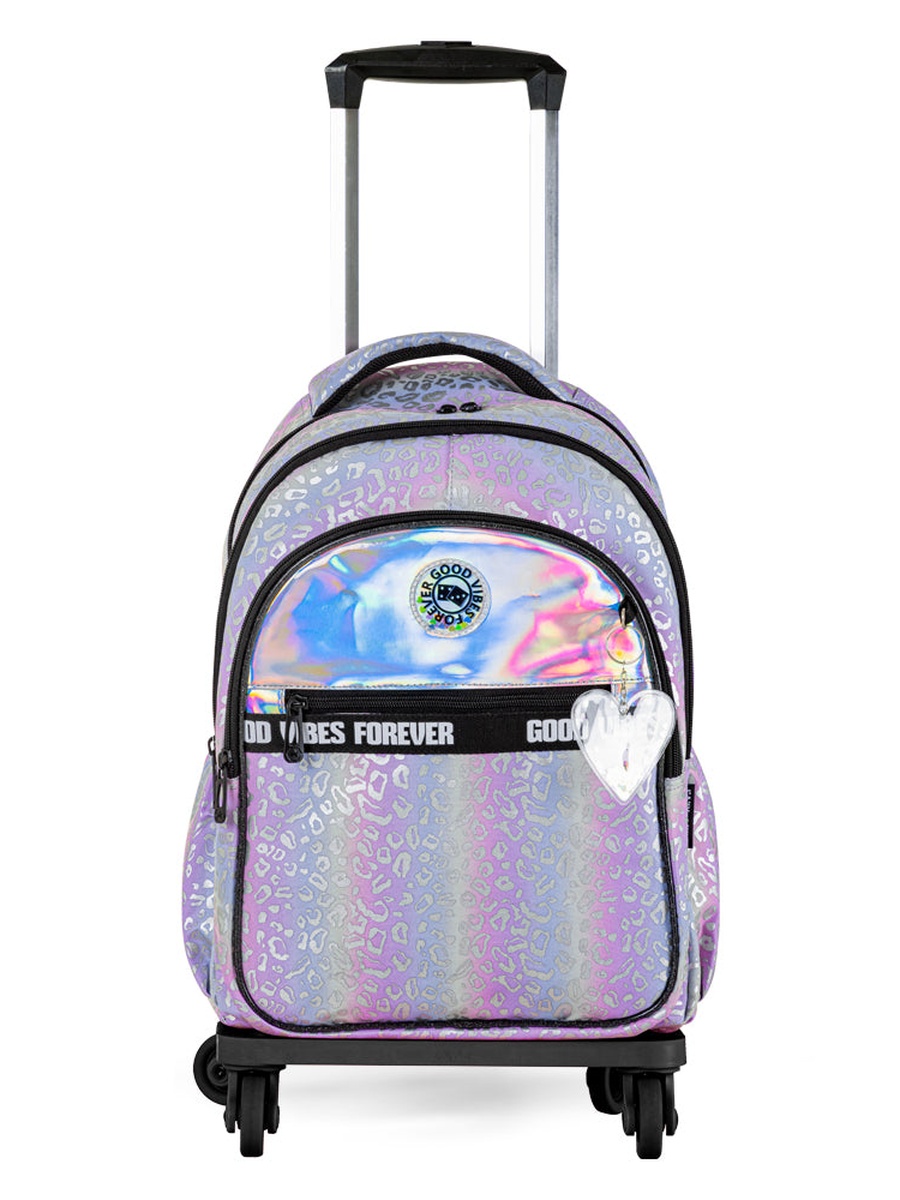17-Inch School Bag Set of 3 - 4 Wheel Trolley, Lunch Bag and Pencil Case - Good Vibes - Silver