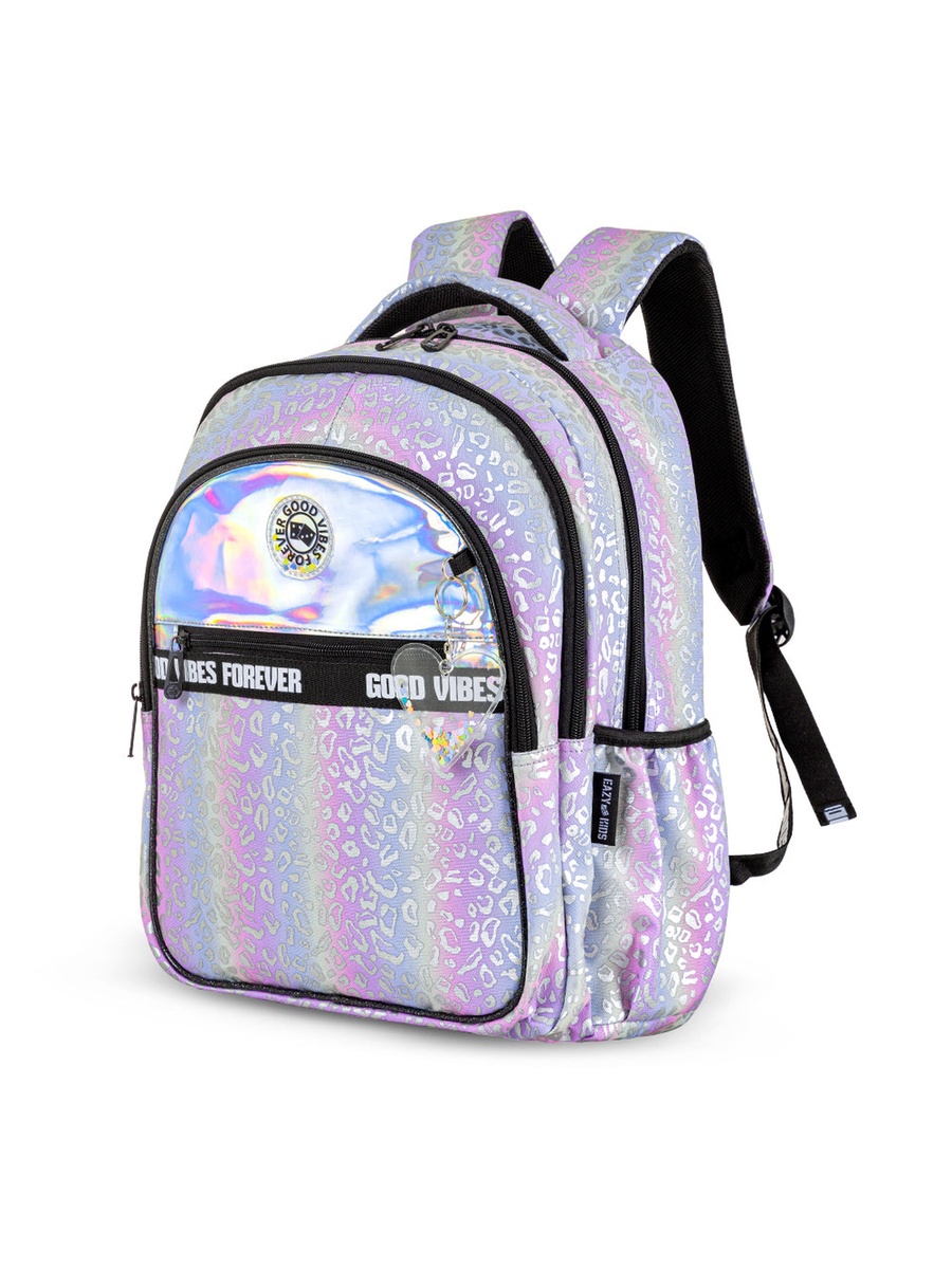 17-Inch School Bag Set of 3 - 4 Wheel Trolley, Lunch Bag and Pencil Case - Good Vibes - Silver